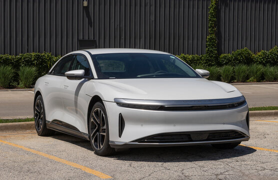 Lucid Air Sedan Pure model display. Lucid offers the Air Sedan with up to 512 miles driving range. MY:2026