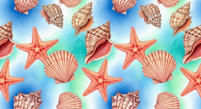 Hand-Painted Ocean Treasures: A Seamless Watercolor Pattern of Seashells and Starfish