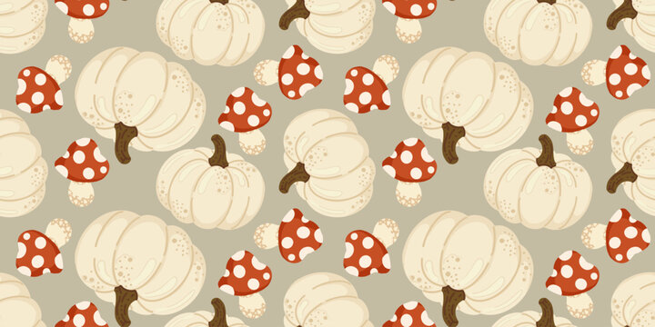 Cozy autumn seamless vector pattern with hand drawn white pumpkins and red amanita mushrooms on a muted grey backdrop. Perfect for thanksgiving textiles, fall wrapping paper, and seasonal decor.