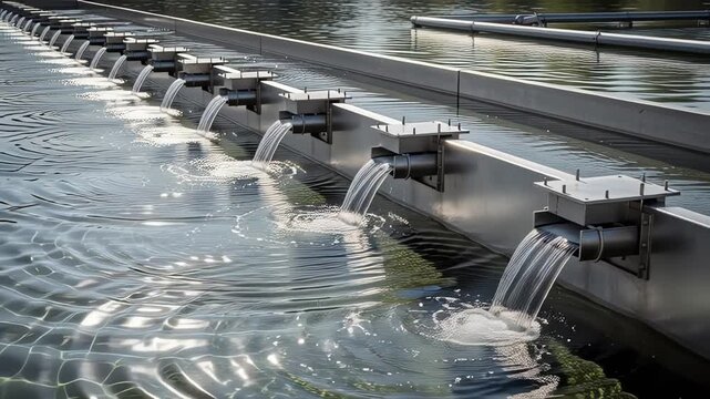 Purified Water Moving Through Industrial Pipes At A Sustainable Urban Water Treatment Facility