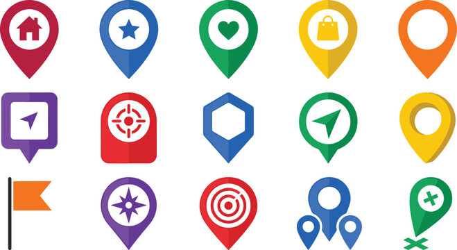 Colorful Map Pin and Navigation Marker Vector Set Featuring Location Icons, GPS Symbols, Waypoints, and Geolocation Interface Elements