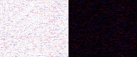 Fototapeta premium Abstract digital noise texture background, grainy static pattern with red and blue pixels, minimalist split screen composition of light and dark grit