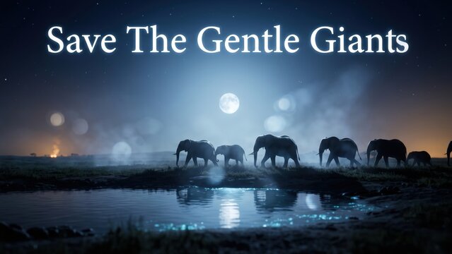 Elephant Herd Under Moonlit Savanna Sky &ndash; Conservation Banner