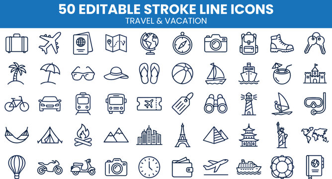 Travel and Vacation Editable Stroke Line Icon Set Featuring Luggage Transport Landmarks Beach Activities and Camping Symbols for Holiday Graphic Designs