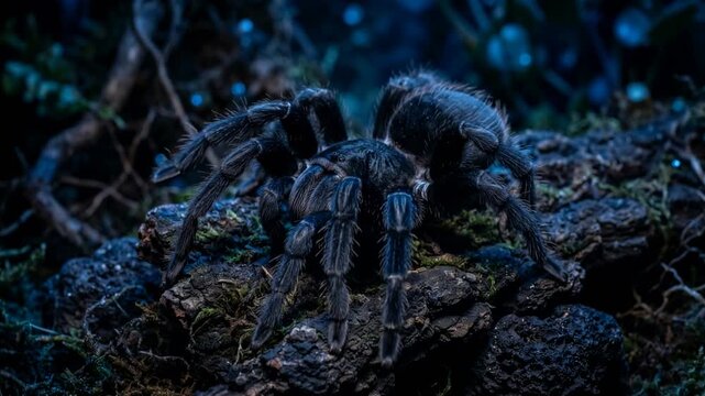 brazilian black tarantula in amazon rainforest brazil moving close up night blue light video