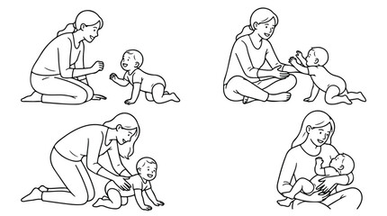Obraz premium Minimalist line art mother and baby set, mother playing with crawling infant vector, nurturing parent and newborn child collection