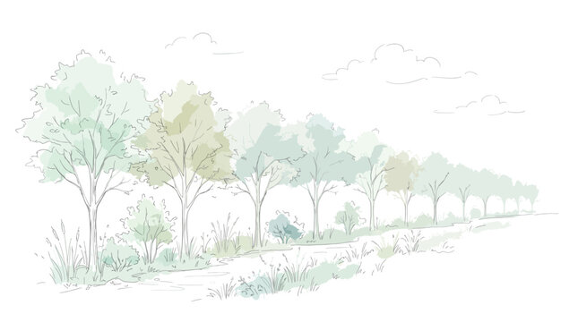 Handdrawn illustration of a scenic treelined path in a soft watercolor style