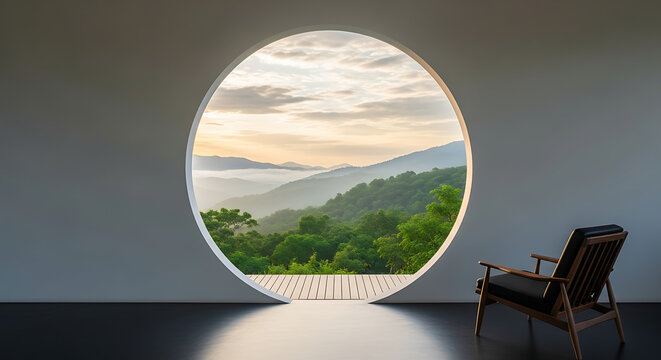 Minimalist interior with a round window view of misty mountain landscape at sunrise mountain landscape minimalist interior peaceful relaxing contemplation serenity architecture