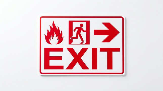 Bright red and white fire exit sign showing a running person with a directional arrow