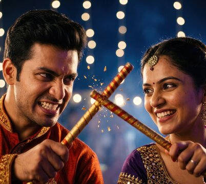 Garba Partners Playing Dandiya During Navratri Festival