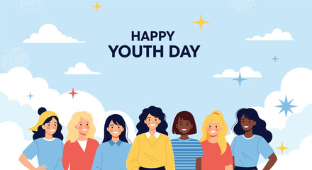 Fototapeta premium Group of diverse young women smile together under a happy youth day banner with a blue sky background filled with clouds and stars.