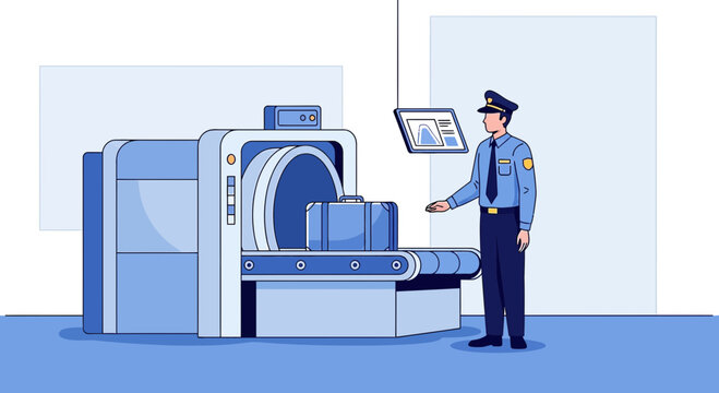 Airport Security Guard Observing Luggage Scan with X-Ray Machine and Monitor
