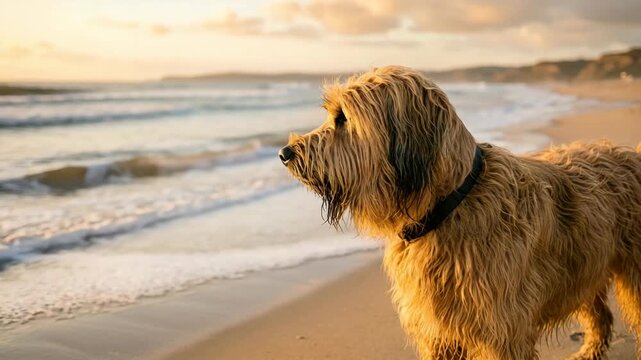 briard at normandy beach france close up golden light video