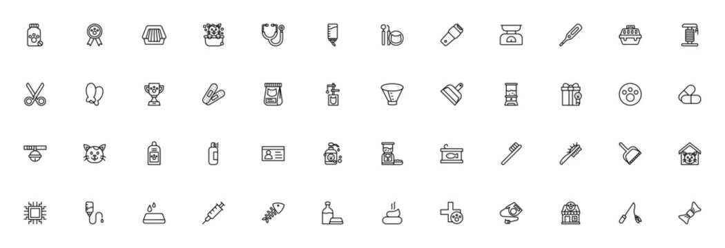 Cat icon pack. Minimal thin line web icons set. Vector illustration. Veterinary icon set. Featuring medicine, carrier, collar, leash, toy, vaccine, scratch post, bath, and more. Editable vector stroke