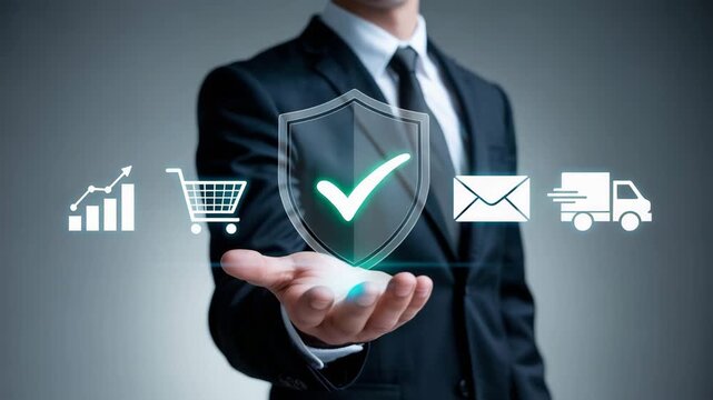 Businessman presenting a security shield with ecommerce and communication icons floating around  secure online transactions and data protection concept