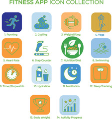 Fototapeta premium Flat fitness app icon collection with running, yoga, nutrition, and workout symbols Vector