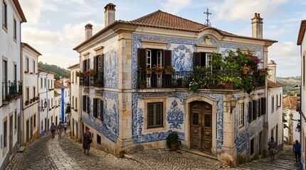 Fototapeta premium Charming Azulejo House on Cobblestone Street in Portugal