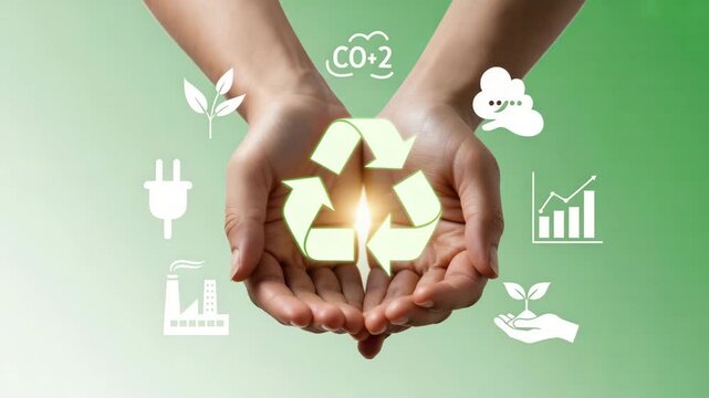 Eco friendly recycling symbol in hands surrounded by green icons of sustainability and ecology representing environmental conservation and eco conscious lifestyle concepts
