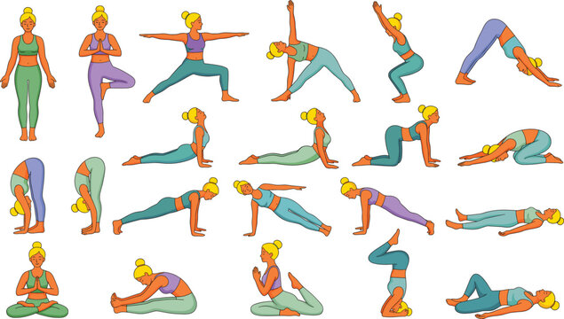 Yoga asanas vector illustration collection, women practicing stretching exercises, healthy lifestyle set