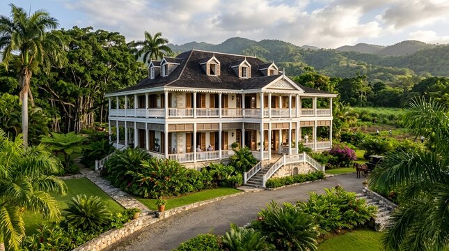Grand Colonial Mansion Estate Surrounded by Lush Tropical Gardens and Mountains