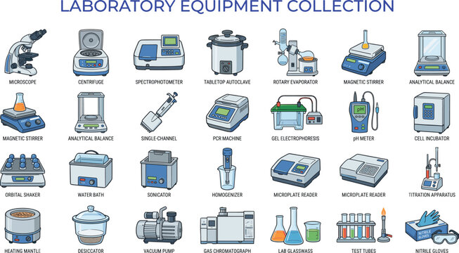 Laboratory equipment vector illustration collection, scientific research instruments set, biochemistry lab icons