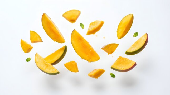 Fresh Mango Slices Floating on White Background
