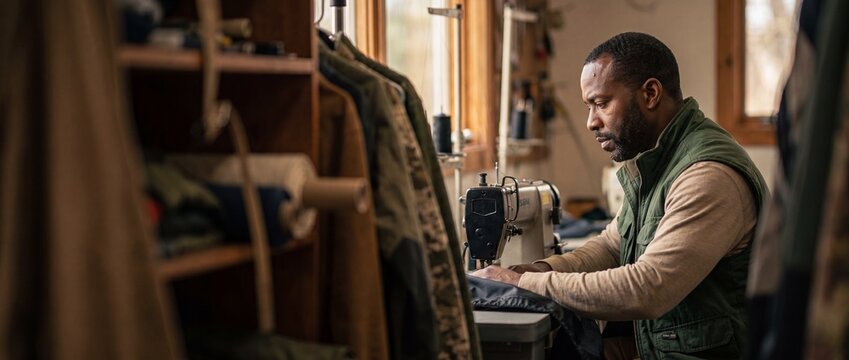 Black male tailor sewing fabric at sewing machine in workshop studio. Middle-aged African American fashion designer focus on manufacturing jacket garment. Artisan small business retail workspace owner