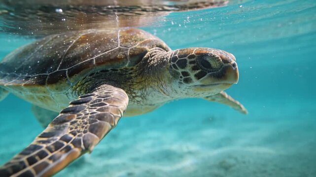 Gliding adult green sea turtle responding to submerged camera, paddling near shallow turquoise reef