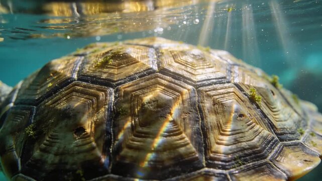 Shining beams forming shifting light bands across turtle carapace in shallow water, revealing algae