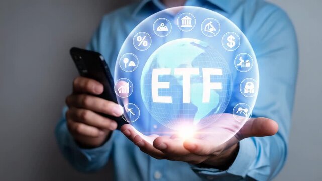 Man holding ETF exchange traded fund symbol with financial icons and using smartphone  financial technology and investment concept