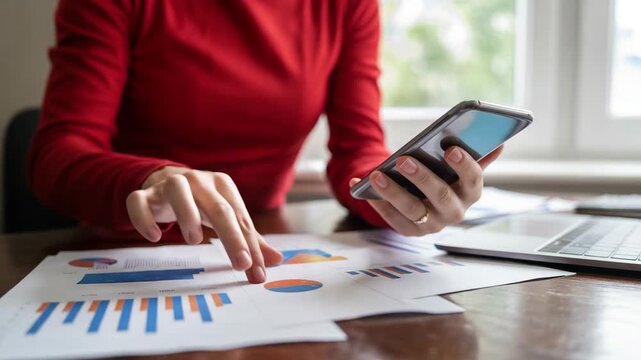 Woman in red shirt sitting at desk with papers and smartphone analyzing business charts and graphs on paper with laptop next to her