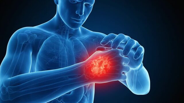 A 3D medical animation depicting severe itching and skin inflammation on the wrists and backs of the hands.