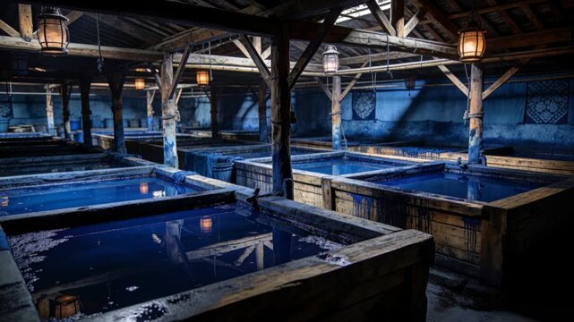 Camera recording wooden vats with deep blue dye rippling under lanterns at dye house, documenting