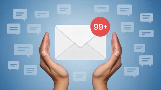Hands holding email envelope with red notification badge and chat bubbles on blue background  online communication and messaging concept