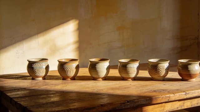 Sweeping window sunlight crossing wood table and plaster wall, showing carving on six ceramic pots
