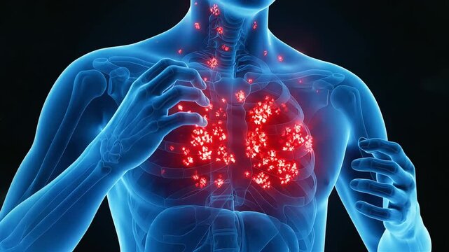 CG imagery depicting widespread skin inflammation and itching on the chest and d&eacute;collet&eacute;.