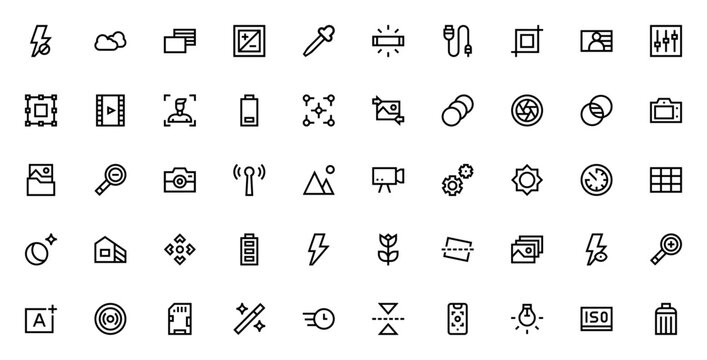 Camera Interface icon set. Minimal camera icons pack. Featuring flash, white balance, zoom, lens, settings, timer, night mode and more. Editable vector stroke.