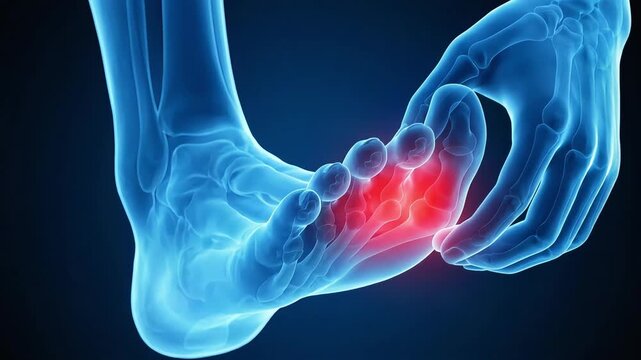 A CG animation depicting intense itching and nerve irritation around the soles and arches of the feet.
