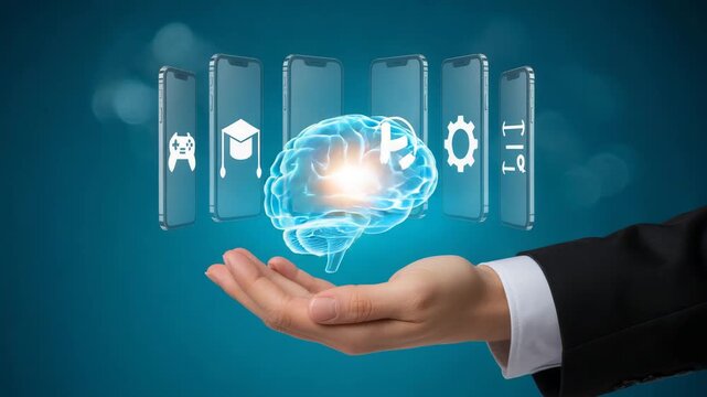 Hand holding virtual brain with mobile phones and icons for learning gaming and technology  concept of innovation and digital education