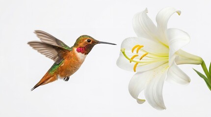 Obraz premium Vibrant rufous hummingbird hovers near a beautiful white lily flower against a clean isolated background