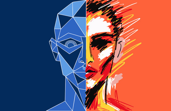 Face split between geometric blue structure and expressive painted human features represents the contrast of artificial intelligence versus human creativity in a digital age of modern technology.
