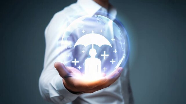 Man holding glowing orb with white umbrella and human figure icons surrounded by plus signs  business technology concept