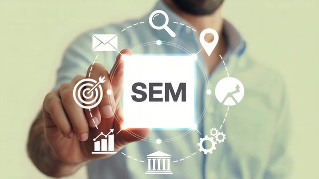 Searchenginemarketing concept with man interacting with digital icons  online advertising strategy  digital marketing  search engine optimization