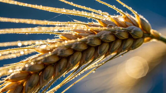 Shimmering single wheat ear showing dew on awns, silk glinting in field, breeze shifting bokeh
