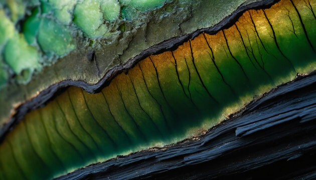 Macro background of layered petrified wood with glowing green and orange strata