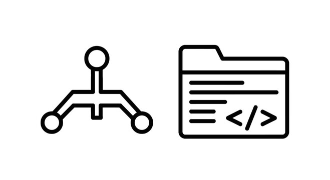 Programming architecture and code development file line icons set illustrating network hierarchy node and source code document folder design graphics