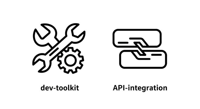 Technical development and software integration icons set showing tools and connection with development integration software connection technology