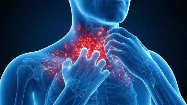 A 3D medical video visualizing severe itching of the skin around the neck and collarbone.