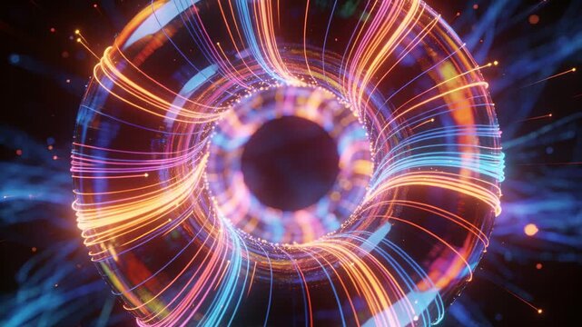 Starting sim rotating neon torus pulsing sparks, showing inner ring in 3D space as energy flow