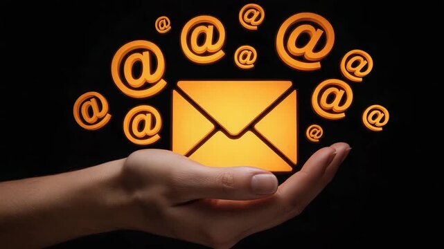 Hand holding glowing yellow email icon with at symbols floating around it on black background  electronic communication symbol